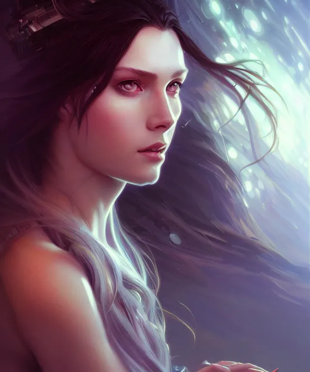 Image similar to futuristic young woman portrait, sci-fi, amber eyes, face, long hair, fantasy, intricate, elegant, highly detailed, digital painting, artstation, concept art, smooth, sharp focus, illustration, art by artgerm and greg rutkowski and alphonse mucha