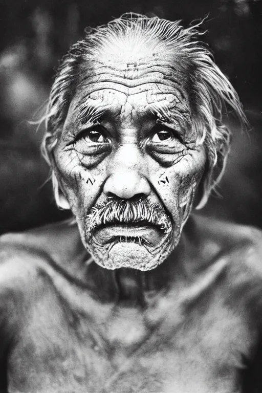 Image similar to one old indigenous man with micron pen ink tattoos stares at the camera, night sky, stars, bruce gilden, leica s, fuji 8 0 0, grainy, low light