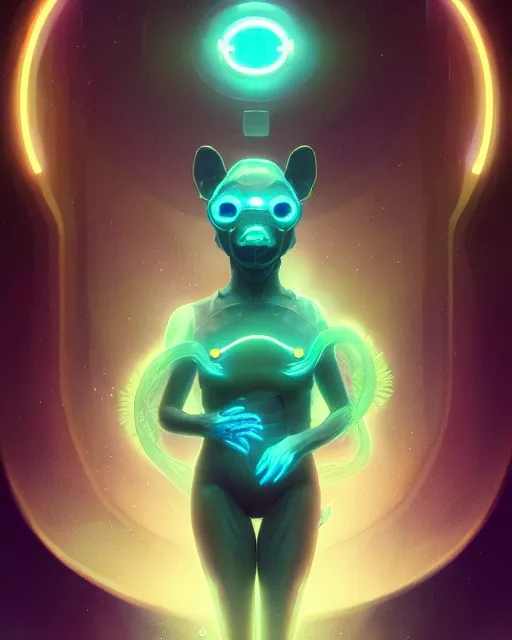 Prompt: one singular portrait of a cute bioluminescent creature, pulp scifi, highly detailed, digital painting, moody cinematic lighting, hyperrealism, dark retrowave, art by stanley lau and artgerm and magali villeneuve and alphonse mucha, artstation, octane render, cgsociety