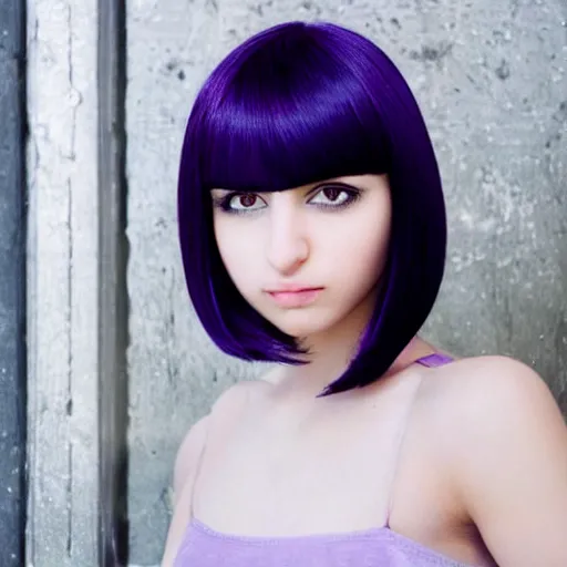 Prompt: Pale-skinned Persian girl, black hime cut hair, bob cut hair, purple eyes, mysterious girl, photograph