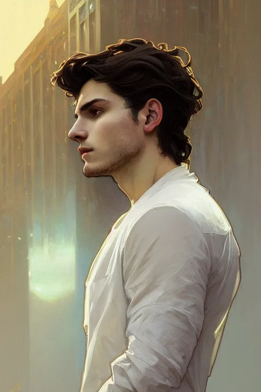 Image similar to portrait of the most beautiful young male ever, modern style, by greg rutkowski and alphonse mucha, d & d character, gradient white to gold, highly detailed portrait, in front of an urban background, digital painting, artstation, concept art, smooth, sharp focus ilustration, artstation hq