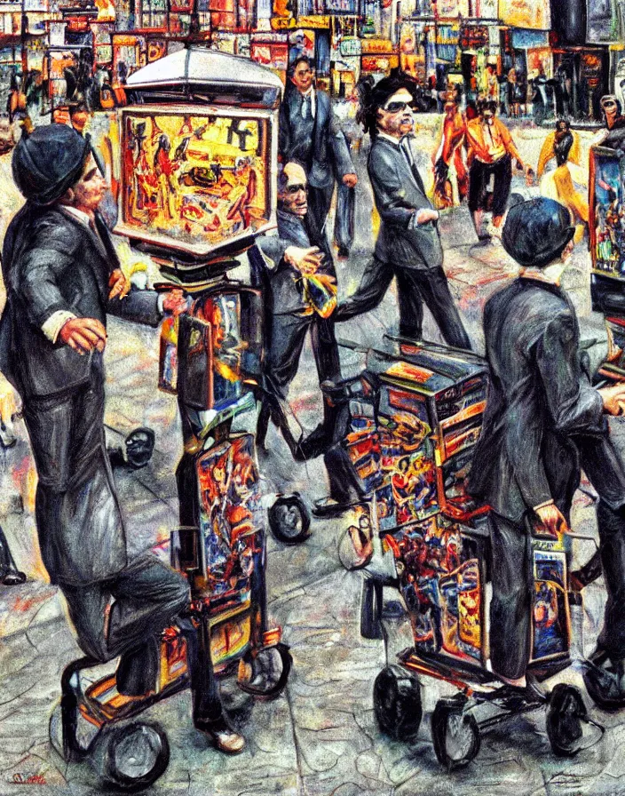 Prompt: 1970s midget street performers dressed in suits with cart tvs on their head, conteporary art show, photorealistic, expressionism, masterpiece, perfect composition, hyperrealistic, spectacular quality, intricate oil pastel glow, dynamic lighting, photorealistic, ambient lighting, atmospheric, stunning visuals, creative, cinematic, ultra detailed, trending on art station