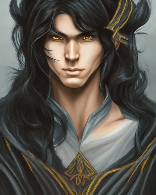 Image similar to multicolor drawing of elven boy mage with long black hair by artgerm city fantasy 4 k ultra high resolution