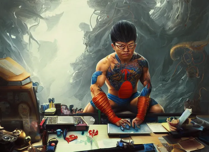 Image similar to an insanely detailed painting of an asian man wearing a homemade superhero costume, sitting at a desk, staring seriously at the computer and typing, in the style of peter mohrbacher, james jean, artgerm, dramatic lighting and composition, surreal background, octane render, pixar, trending on artstation, concept art, comic book, view from behind, 8 k