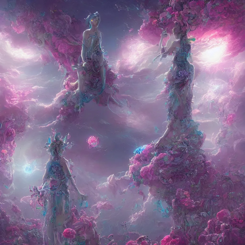 Prompt: concept art, a goddess of world full of life divine thrill of the biological tranquil sky, atoms floating, cosmic horror, gothic harts, flowers, artwork by beeple and lisa frank fantasy, intricate, elegant, highly detailed, digital painting, artstation, concept art, art by artgerm and greg rutkowski