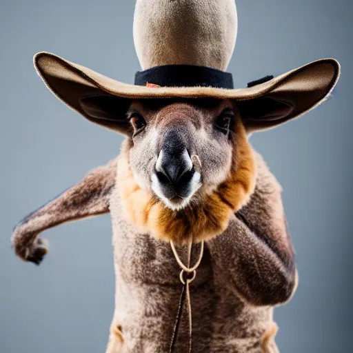 Image similar to a photo of a buff kangaroo wearing a hunters hat and vest, standing tall and strong with a hunters hat and vest, studio photography, 8 k