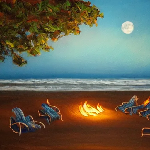 Image similar to Campfire on the beach, Moonlit ocean, Secluded beach, Painting, intricate details