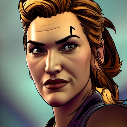 Image similar to kate winslet portrait, borderlands, tales from the borderlands, the wolf among us, comic, cinematic lighting, studio quality, 8 k