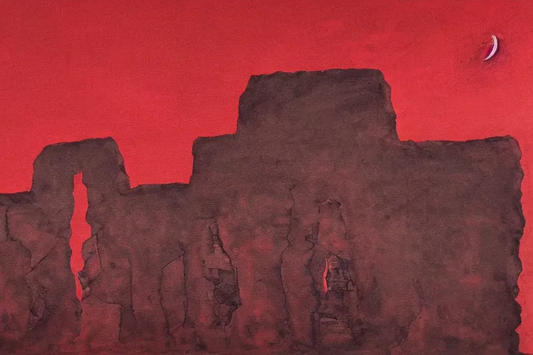 Image similar to ancient martian architecture, minimalistic red and ink airbrush painting on white background