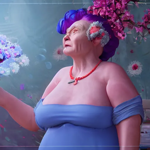 Image similar to of a very funny scene. ambient occlusion render. a sweet fat old woman is giving a birth to a huge colorful fish. flowery dress. mirror. symmetrical face, red mouth, blue eyes. deep focus, lovely scene. ambient occlusion render. concept art. unreal engine.