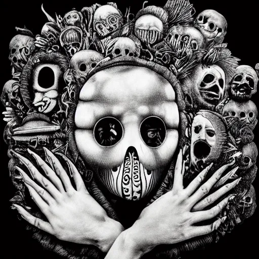 Prompt: punk album cover, no face, psychedelic, black and white, giuseppe arcimboldo