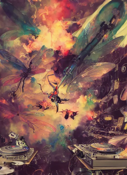 Image similar to surreal gouache painting, by yoshitaka amano, by ruan jia, by Conrad roset, by good smile company, detailed anime 3d render of a magical Dragonfly flying over a flying disco Vinyl, DJ Mixer, deck , controller, portrait, cgsociety, artstation, rococo mechanical and Digital and electronic, dieselpunk atmosphere
