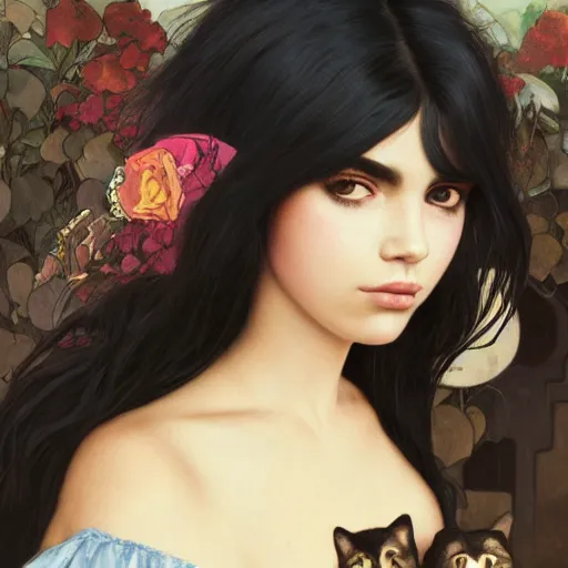 Image similar to emo mexican girl and her cat, with long dark hair, thick eyebrows!!! deep dark big shiny eyes and dark circles!, wide nose!, oval face shape, by juan villafuerte, greg rutkowski and alphonse mucha, pexels contest winner, high quality photo, rtx, hd