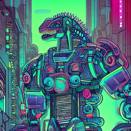 Image similar to beautiful detailed comic illustration, mecha dinosaur fractals, cyberpunk, neon