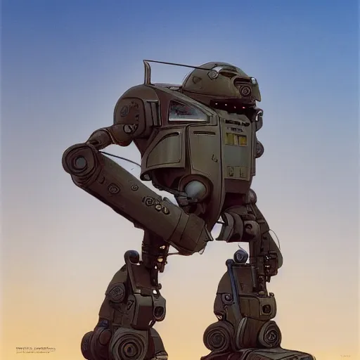 Image similar to a anthropomorphic humanoid tank Mech in the style of Ralph McQuarrie/Syd Mead/John Berkey detailed realistic HD 8k High Resolution