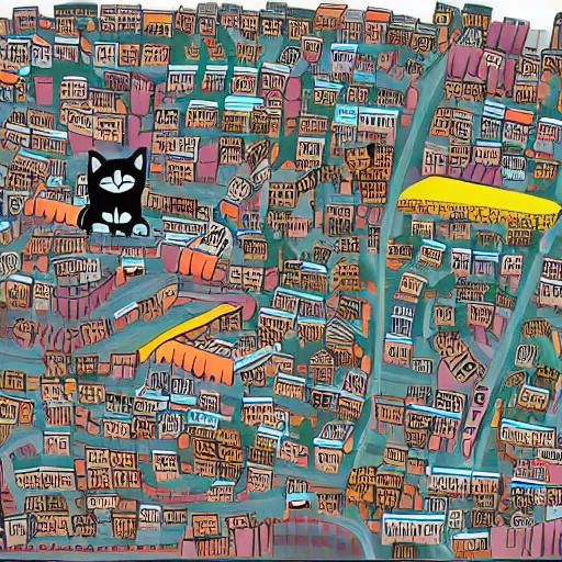 Prompt: a cat make a city map to other cat so theyre save from drunken people whose eat them,digital art,art station,hdd,8k,dense city,slum