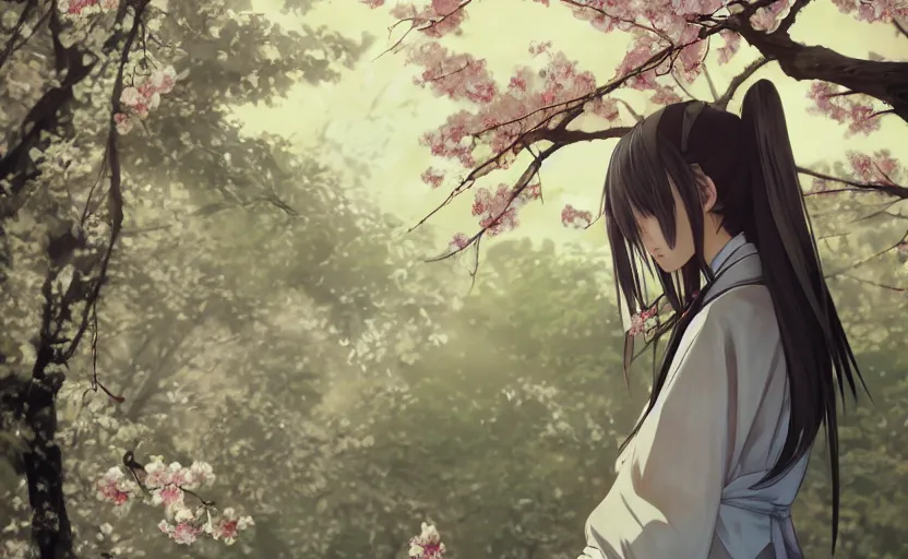 Image similar to side portrait of a girl walking, sakura tree in background, yukata clothing, battlefield in background, anime style, shoulder eyes, hair down, symmetrical facial features, from arknights, hyper realistic, 4 k, extreme detail, detailed drawing, trending artstation, realistic lighting, by alphonse mucha, greg rutkowski, sharp focus, backlit