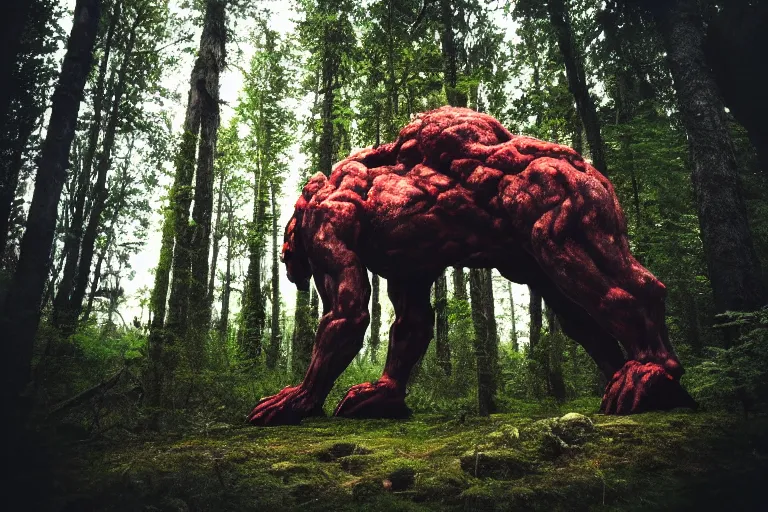 Image similar to mythological forest beast standing a swedish forest very low angle photograph trending on artstation
