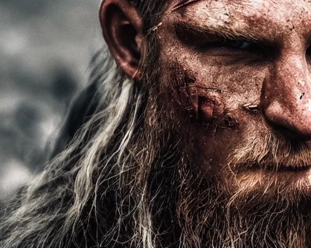 Image similar to A very close up of a viking with scars on the face, rage