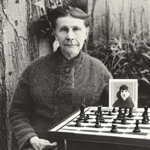 Image similar to An Edwardian woman posing with a chessboard in the style of Tove Jansson