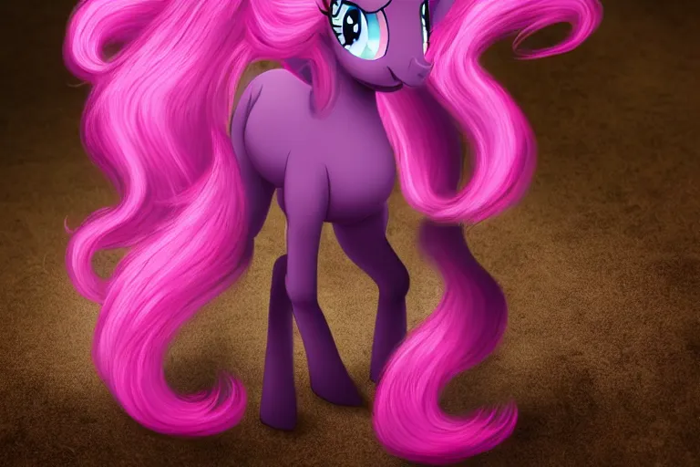 Image similar to Pinkie Pie equine, back towards camera, facing away, professional photography and mood lighting, equine photo, sitting down, flowing mane and tail, relaxed expression