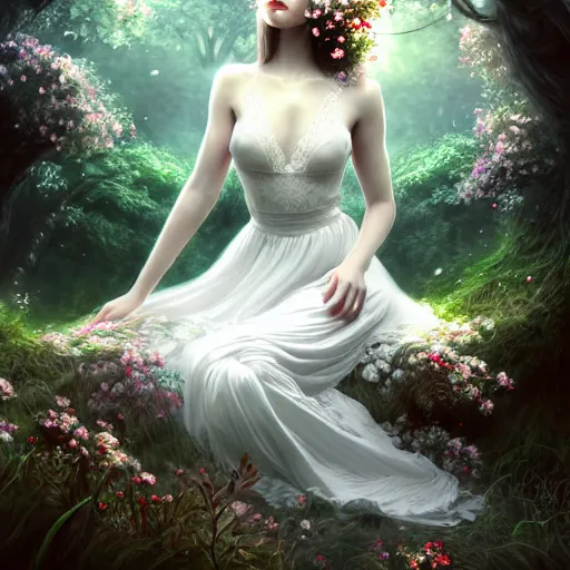 Image similar to a picture of a beautiful woman in a white lace dress and covered in flowers and leaves sitting overlooking an enchanted forest, high fantasy, elegant, epic, detailed, intricate, digital painting, concept art, realistic detailed face, smooth, focus, rim light and volumetric light through the trees,