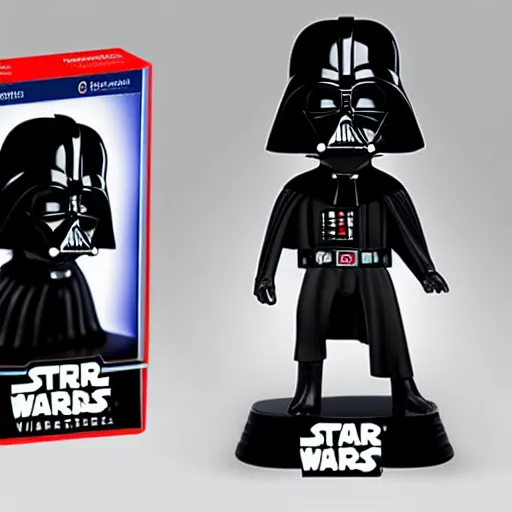 Prompt: artstation darth vader bobble head, small but (fierce) funny, collector's mirrored highly polished display, very detailed, portrait, high contrast, unreal engine 5