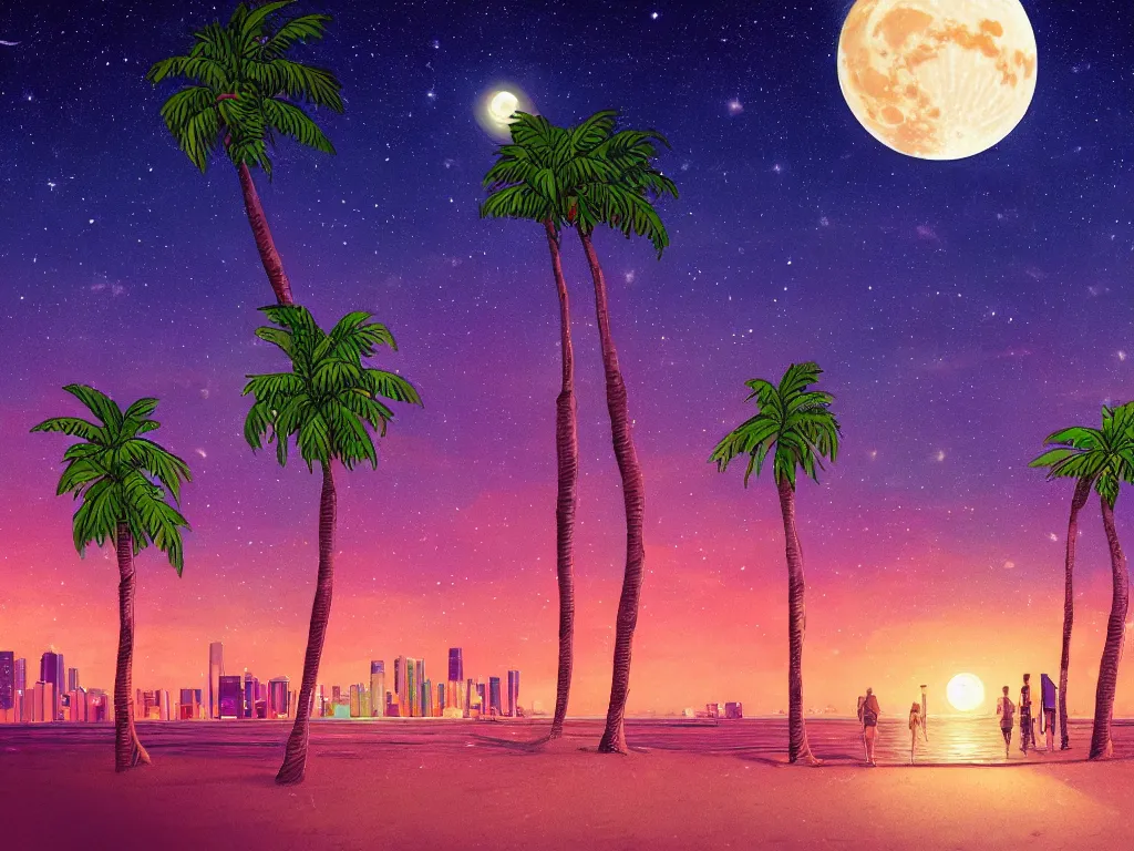 Prompt: night on a summer miami beach, city on the background, palm trees, footprints in the sand, full moon reflected in the calm ocean, starry sky, 8 k, ultra detailed, trending on artstation, digital painting, synthwave and retrowave style