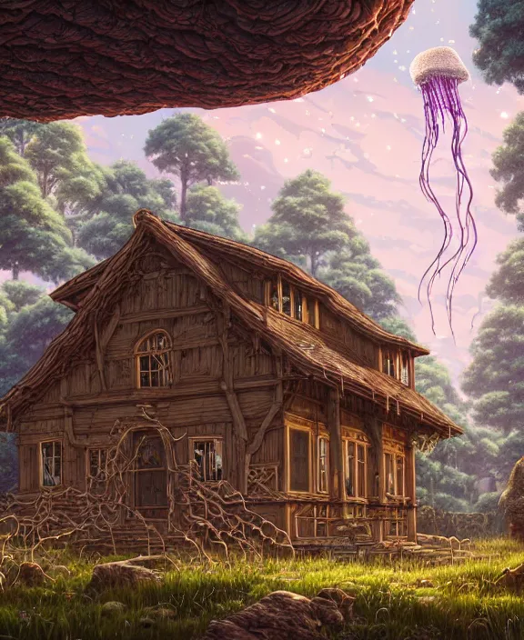 Image similar to a mammoth schoolhouse made from jellyfish, overgrown with huge exotic fungus, deep in the woods, noon, sun drenched, partly cloudy, by dan mumford, yusuke murata, makoto shinkai, ross tran, cinematic, unreal engine, cel shaded, featured on artstation, pixiv