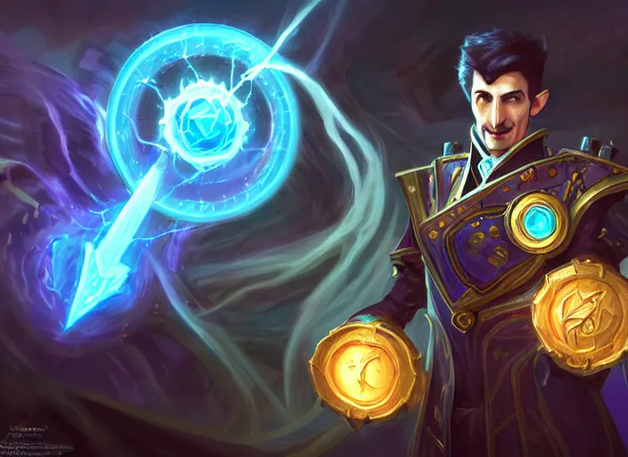 Image similar to nikola tesla electrical wizard, fantasy, whimsical, dungeons and dragons, league of legends splash art, heroes of the storm splash art, hearthstone splash art, world of warcraft splash art, overwatch splash art, art by artgerm, art by alphonse mucha, intricately detailed, highly detailed, trending on artstation, 4 k