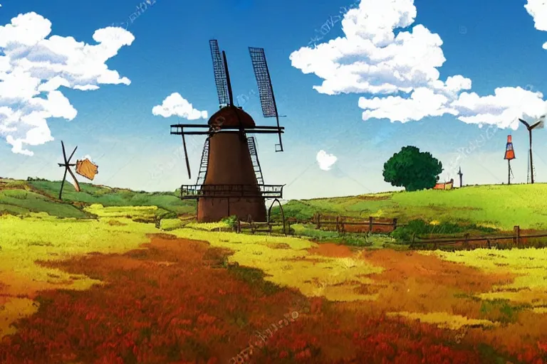 Image similar to beautiful countryside background with a windmill by studio ghibli, cute, winter