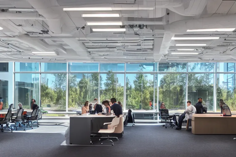 Prompt: professional quality photography of a beautiful tech company headquarters designed by gensler