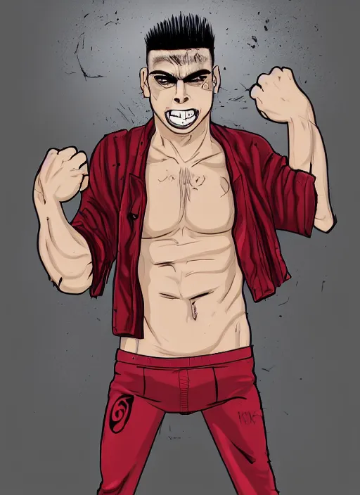 Image similar to a young man of 2 5 years old, with a bruised face and bruises, is standing in a doorway in a boxer's stance, casual clothing style, hairstyle red mohawk, draw style, cold colors, comics style, angry 8 k