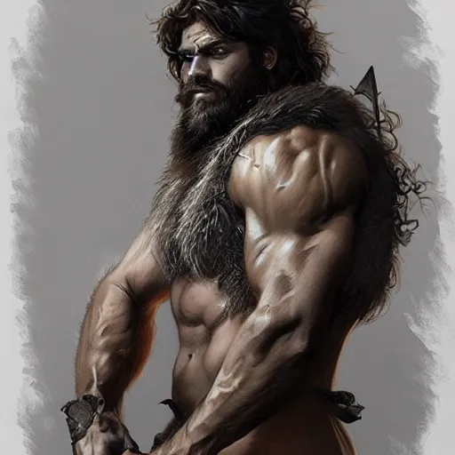 Image similar to portrait of a young rugged male barbarian, handsome, upper body, hairy torso, D&D, muscular, fantasy, intricate, elegant, highly detailed, digital painting, artstation, concept art, smooth, sharp focus, illustration, art by artgerm and greg rutkowski and alphonse mucha