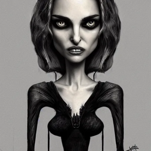 Image similar to michael karcz grunge drawing of natalie portman. , in the style of corpse bride, loony toons style, horror themed, detailed, elegant, intricate, trending on artstation, 4k