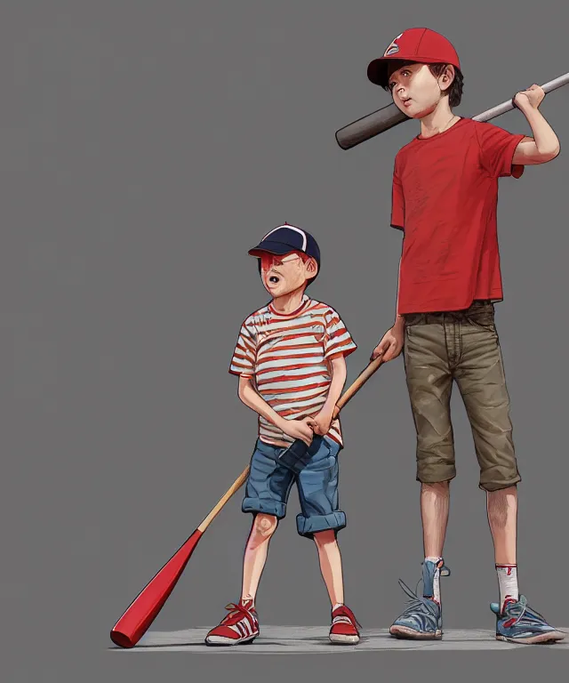 Prompt: a young boy wearing a horizontal striped shirt and a red baseball cap and jean shorts, holding a baseball bat, digital painting, artstation, concept art, sharp focus, octane render, illustration, art by geof darrow,