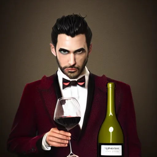 Image similar to a dragon man wearing tuxedo holding a wine bottle portrait, digital art, digital painting, masterpiece, elegant, hyper realistic, award winning, 8 k, behance, artstation, unreal engine 5, octane render, masterpiece, sharp focus, intricate, ornate