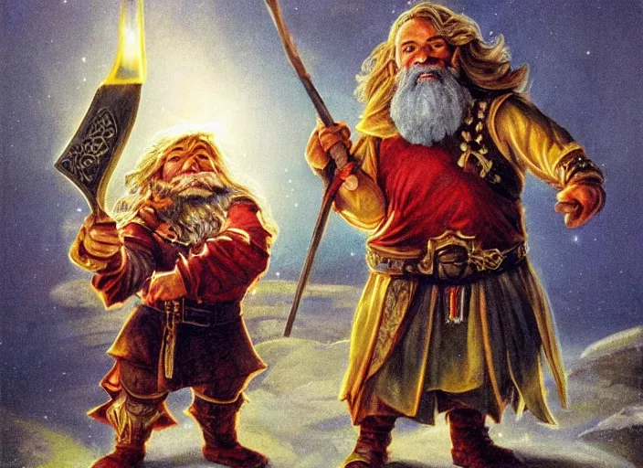 Image similar to a dwarf sorcerer holding a pickaxe and a large jewel. his eyes are glowing. high fantasy art ( 1 9 8 7 )