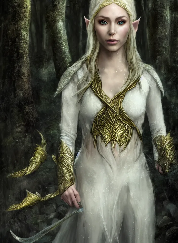 Image similar to a closeup portrait of an elven queen from skyrim wearing white mithril armor, fantasy setting, forest environment, serene colors, soft lighting, atmospheric, cinematic, moody, in the style of diego koi, gina heyer, luiz escanuela, art by alyssa monk, depth, hyperrealism, rule of thirds, golden ratio, oil on canvas, 8 k