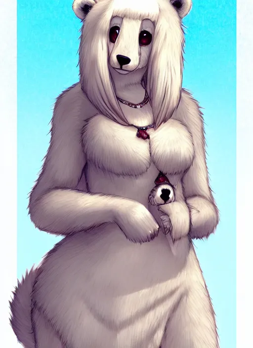 Image similar to award winning beautiful portrait commission art of a female male furry anthro polar bear fursona with a cute beautiful attractive detailed furry face wearing a summer dress at a mountain cabin. Kemono Character design by Dangan. t