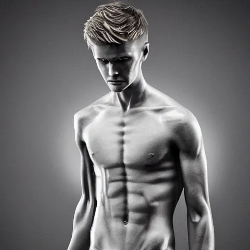 Image similar to a realistic detailed photo of a guy who is an attractive humanoid who is half robot and half humanoid, who is a male android, soccer player martin ødegaard, shiny skin, posing like a statue, blank stare, in a living room, on display, showing off his muscles