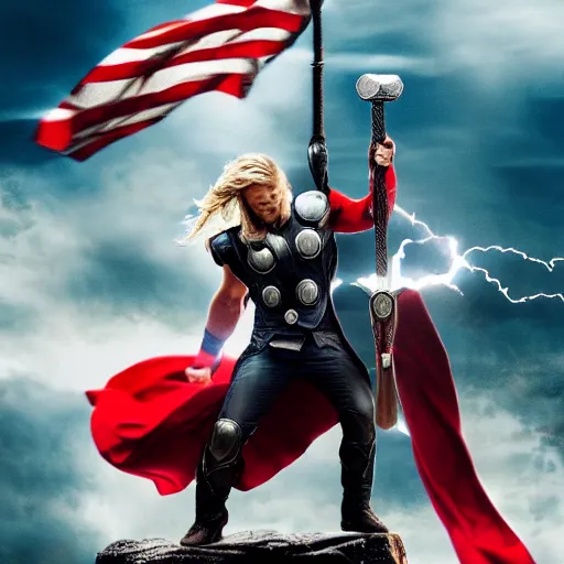 Image similar to a photo of thor with the hammer riding an epic dragon while holding the american flag and an electric guitar, ultrarealistic, 4 k, raytracing