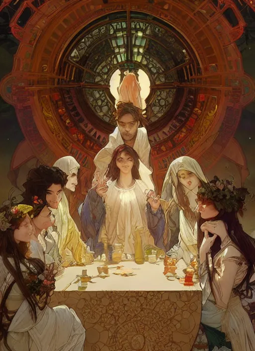 Image similar to the last supper beautiful painting by artgerm and greg rutkowski and alphonse mucha, highly detailed, illustration, epic, fantasy, intricate, hyper detailed, artstation, concept art, smooth, sharp focus, ray tracing, only mens