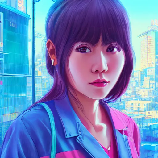 Image similar to 1 9 8 0 s japanese girl in a city pop city, hyper detailed, 8 k, trending, in artstation, digital painting, studio quality, cryengine, character design, smooth, sharp focus