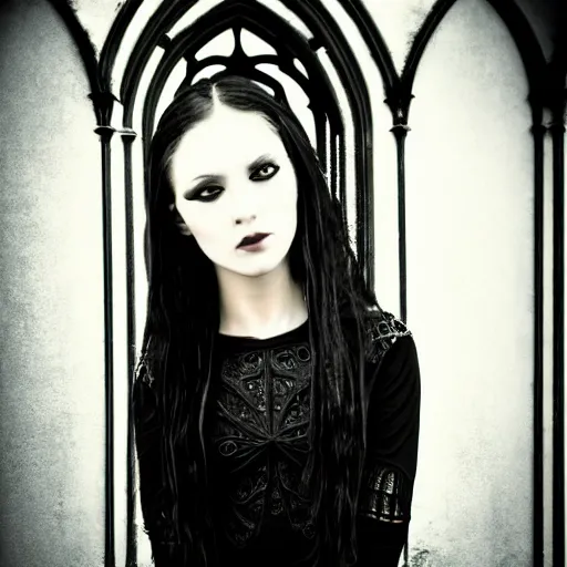 Image similar to gothic girl dressed in black, perfect face, macro head shot, behind her a gothic cathedral, perfect photo, wide lens, no decaying lines, the windows of the cathedral are reflecting red flame lights, delicate mandala intricate ornaments