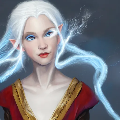 Image similar to Beautiful white haired aged fair skinned scholar elf with spell scroll and lightning background, full body, symmetrical, realism, digital painting, detailed artwork, portrait, mythical, artstation