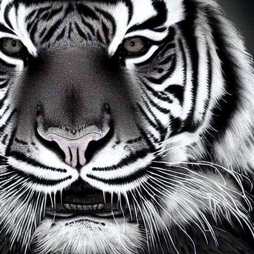 Prompt: a tiger with the face of an insect, extreme detail, digital art, mist