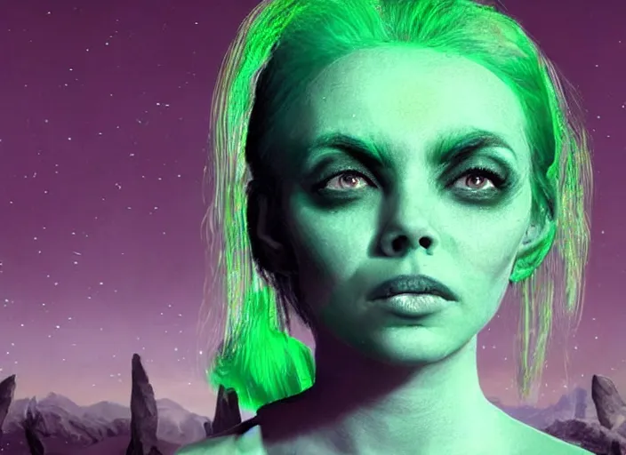 Prompt: beautiful aliens faces with green hair, 8 k, matte painting, in the style of artist, ann stokes