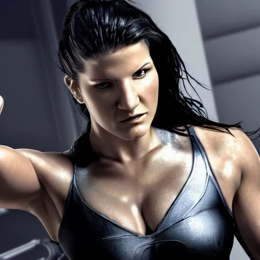 Image similar to beautiful digital painting of gina carano with a cybernetic arm, highly detailed, hyperrealism