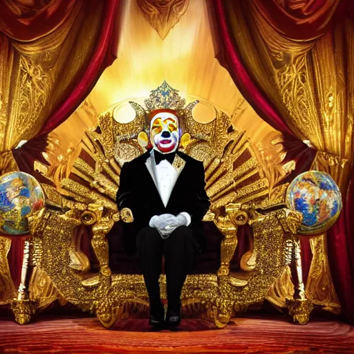 Image similar to shining giant throne made of millions of diamonds, gold and sapphires with thousands of light reflections, and a clown on a tuxedo suit is sitting on the throne while carrying an earth globe, dramatic light, digital painting, ultradetailed, artstation, oil painting